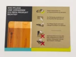 Pflegehinweise der Nahe Manufaktur für das Holzschneidebrett mit Reinigungs- und Warnsymbolen