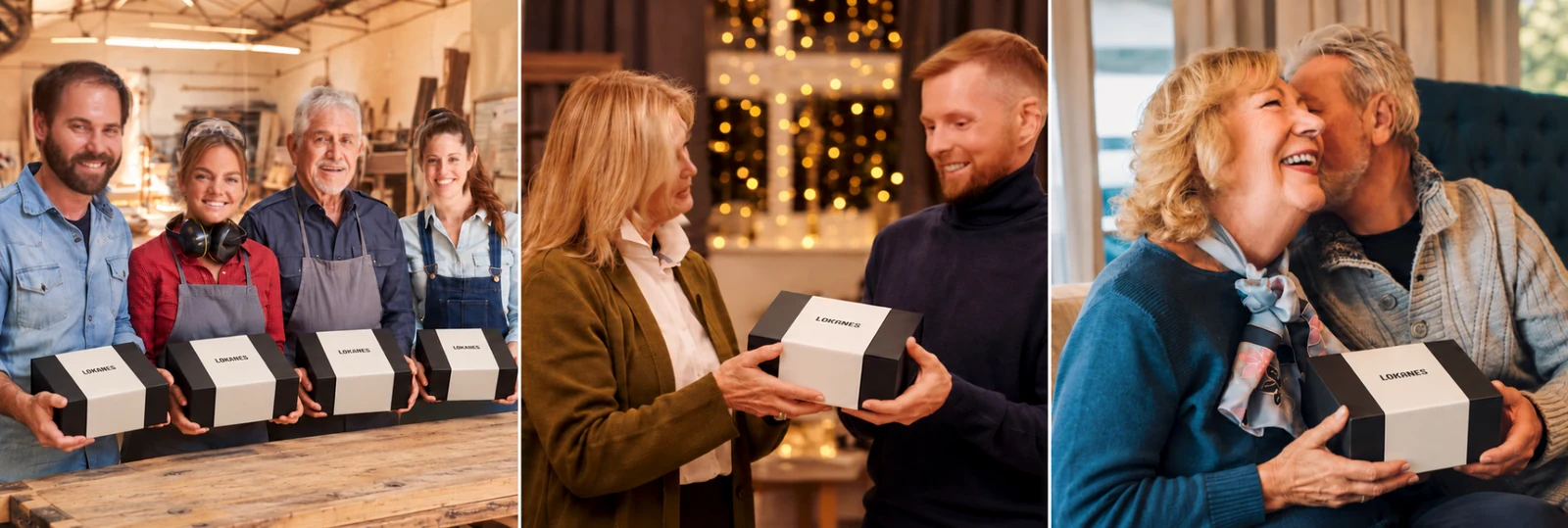 Drei Geschenkmomente: Menschen überreichen sich LOKANES Geschenkboxen, vor einem Weihnachtsbaum, am Geburtstagstisch und in einer Werkstatt